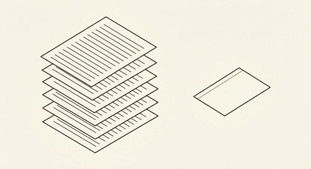 A tall stack of drafts beside one small blank index card